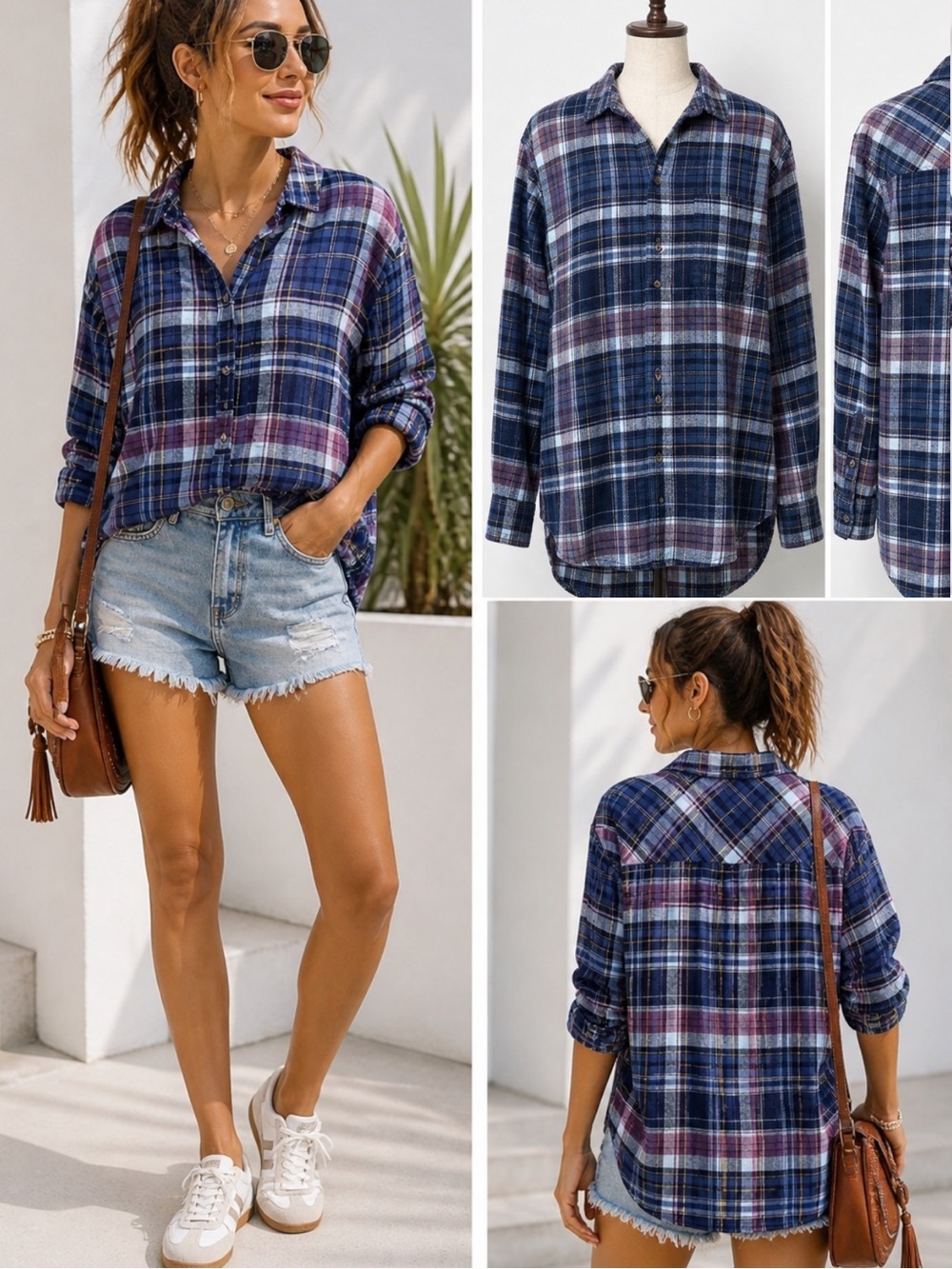 Aerie | EUC Cotton Navy & Purple Plaid Flannel Oversized Button-Down Shirt (S/M)